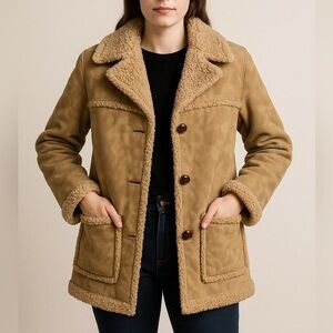 Vtg 70s Fingerhut Faux Shearling Coat Tan Suede-Look Vinyl Sherpa Lined Car Coat